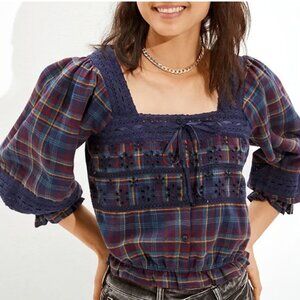 American Eagle Crocket Ruffle Plaid Crop Top XL Blue Milkmade Boho Cottagecore